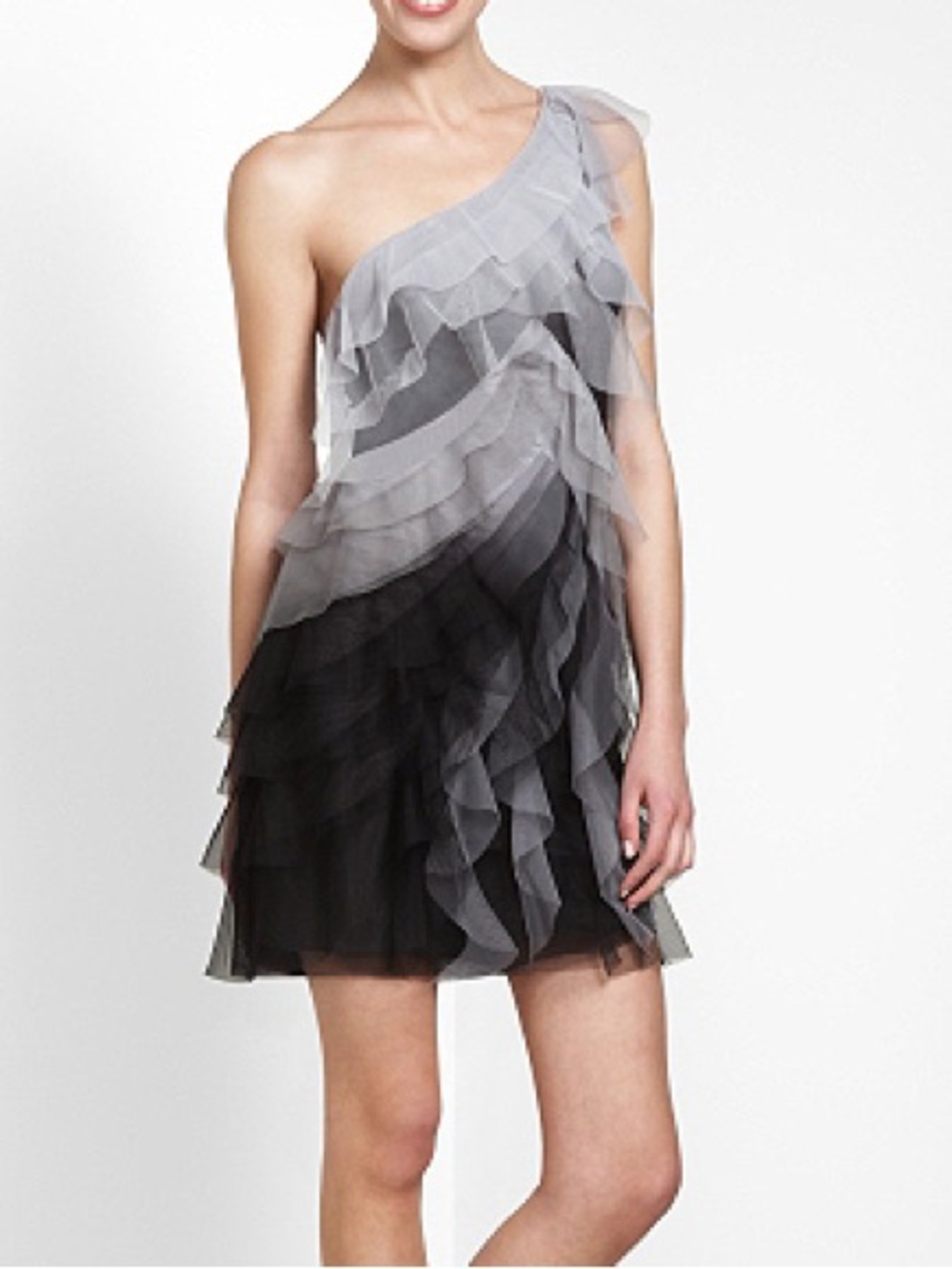 BCBGmaxazria black white Monica tiered chiffon one shoulder dress size 12